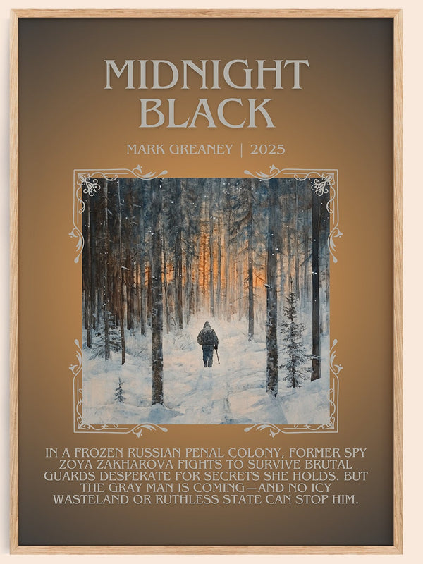 Midnight Black minimalist book poster by Mark Greaney – framed literary art print