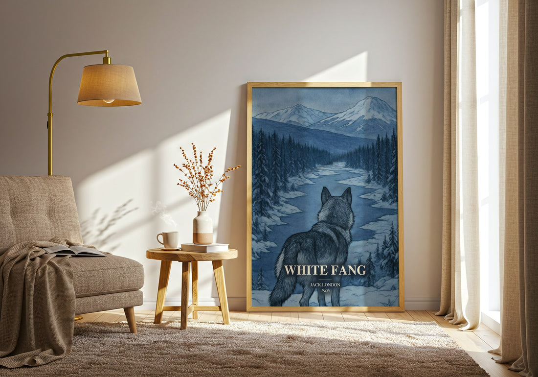 White Fang watercolour print in frame leaning in hallway – adventure wall art (mockup)
