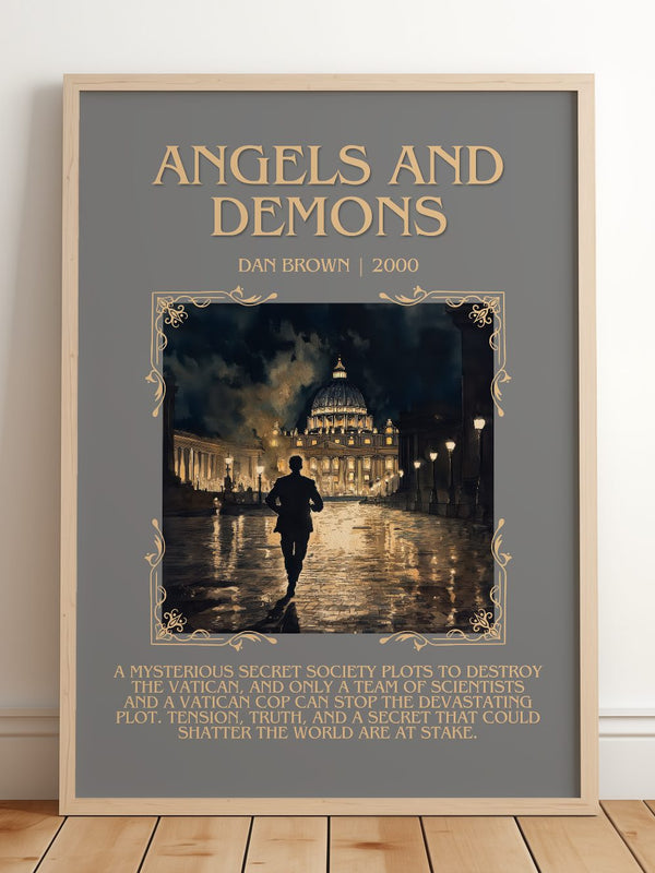 Angels And Demons Minimalist Book Poster by Dan Brown – framed print leaning on a wooden floor