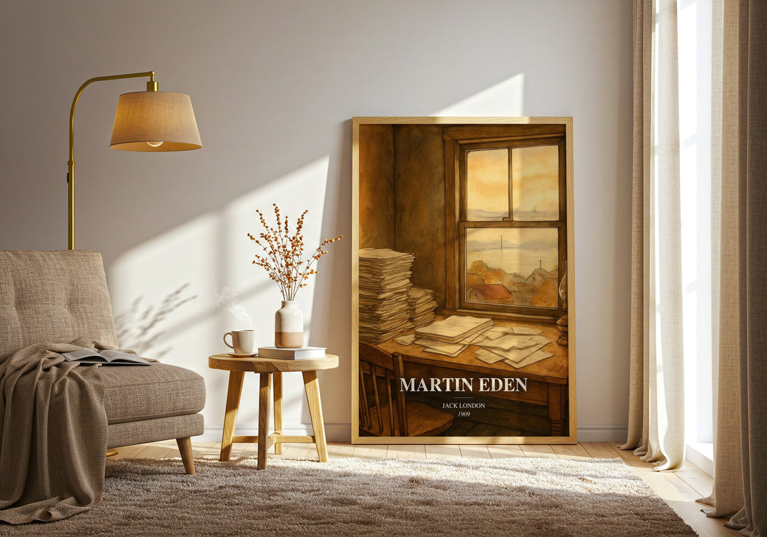 Martin Eden watercolour print in frame leaning in hallway – classic literature wall art (mockup)