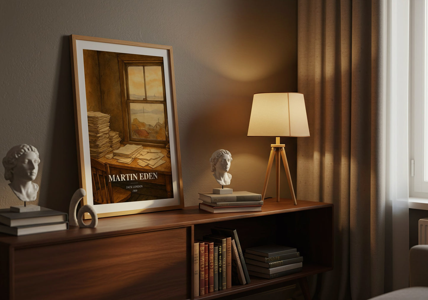 Martin Eden watercolour print on bookshelf – Jack London fan gift