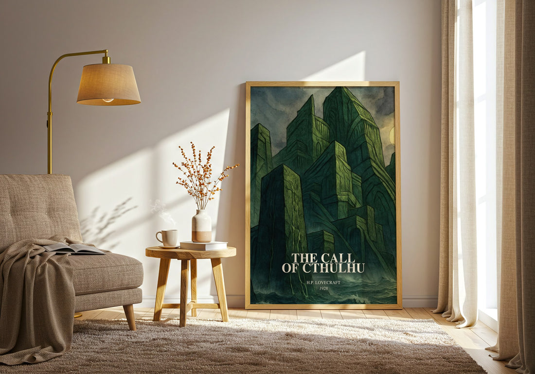 The Call Of Cthulhu watercolour print in frame leaning in hallway – horror wall art (mockup)