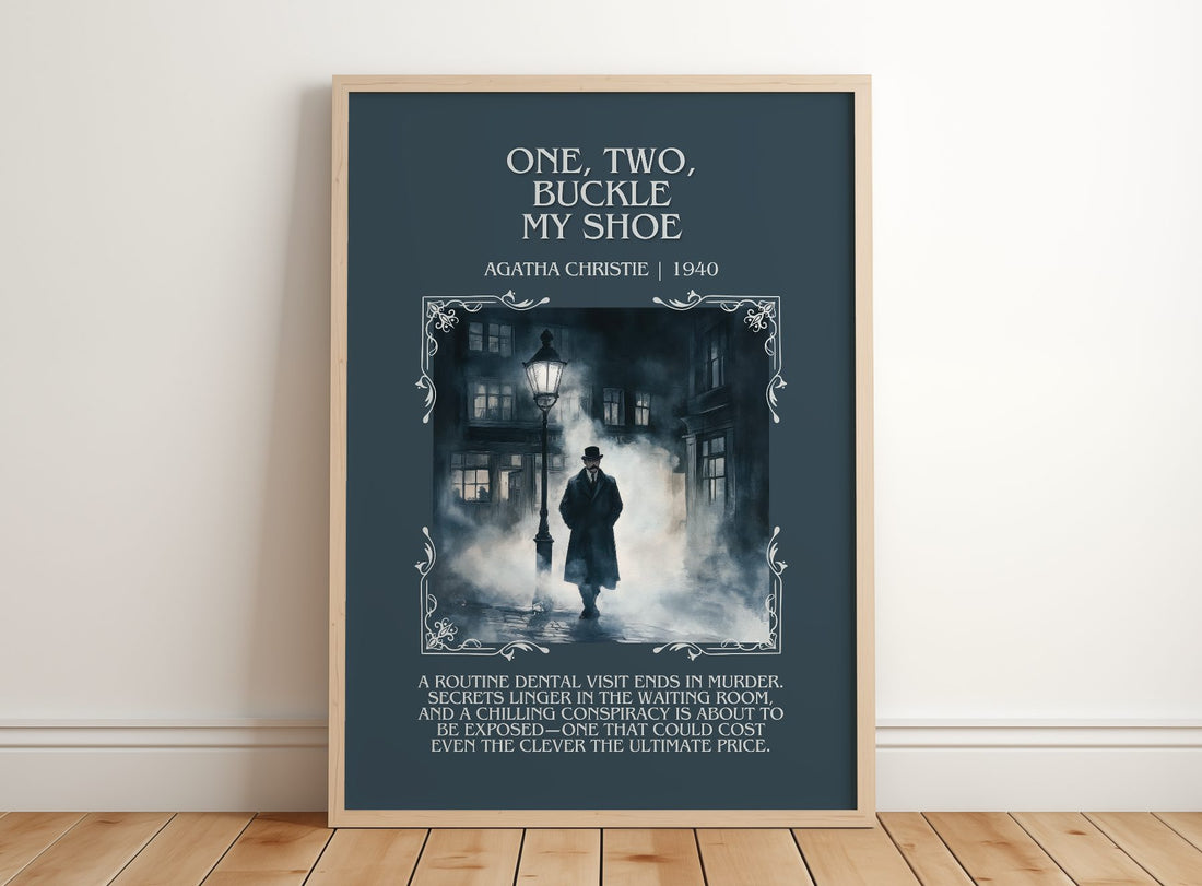 One, Two, Buckle My Shoe Minimalist Book Poster by Agatha Christie – framed print leaning on a wooden floor