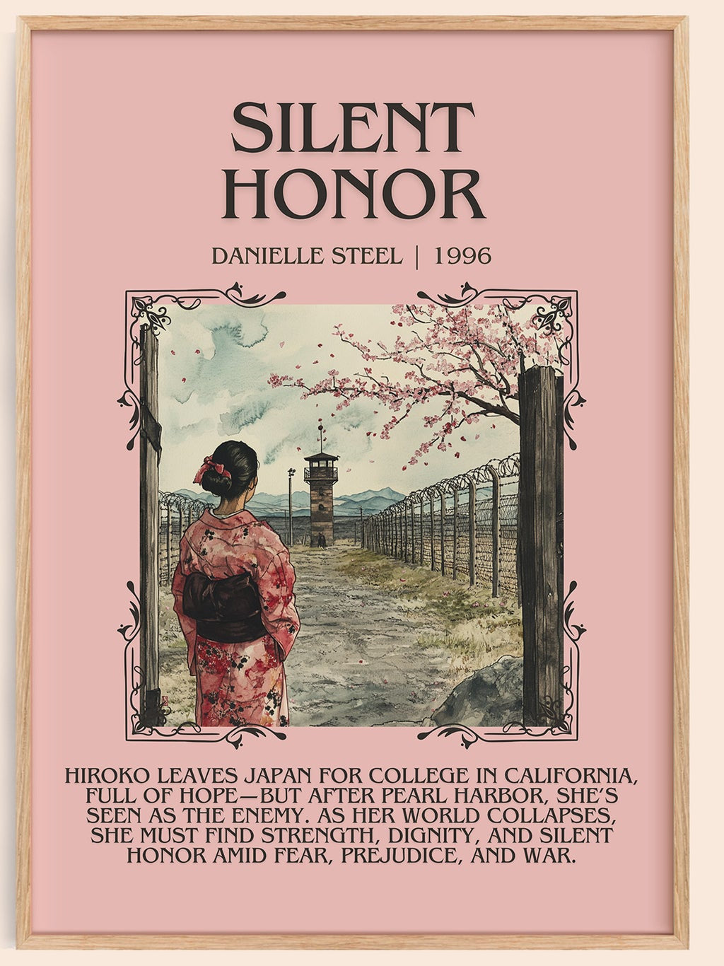 Silent Honour minimalist book poster by Danielle Steel – framed literary art print