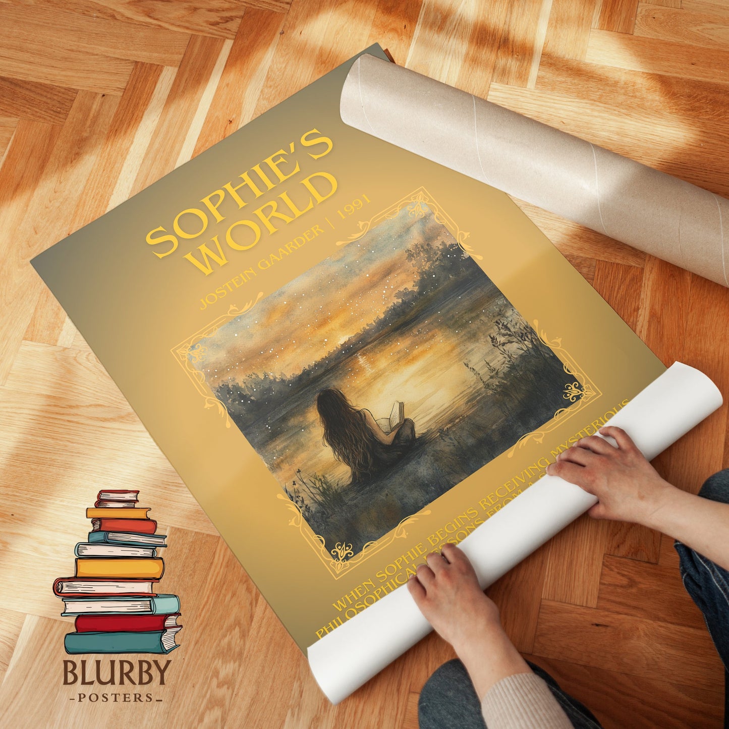 Sophie's World minimalist print on bookshelf – Jostein Gaarder fan gift