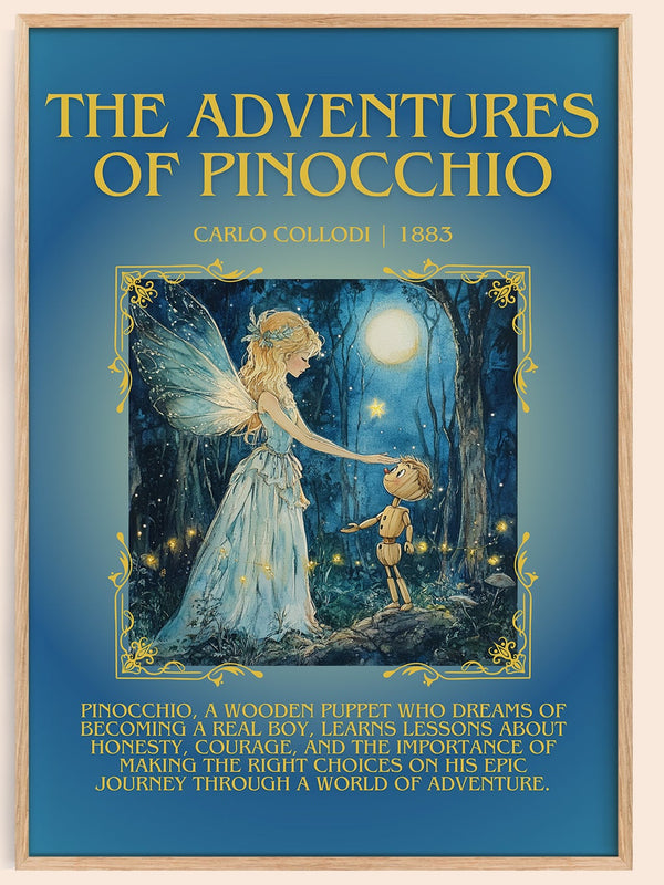 Adventures of Pinocchio minimalist book poster by Carlo Collodi – framed literary art print