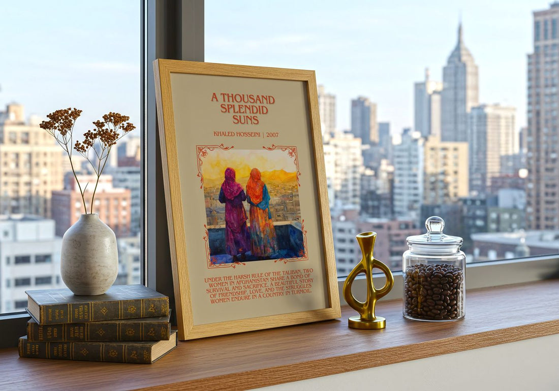 A Thousand Splendid Suns Minimalist Book Poster by Khaled Hosseini – framed print on a city-view windowsill