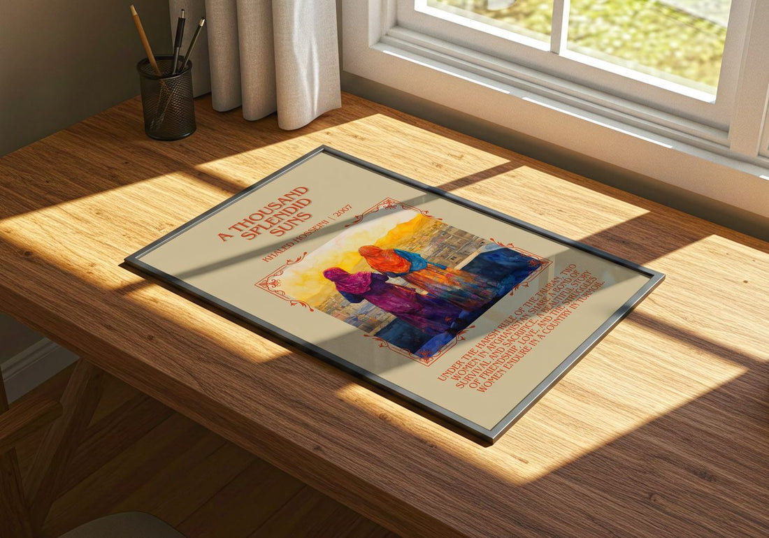 A Thousand Splendid Suns Minimalist Book Poster by Khaled Hosseini – print on a sunlit desk