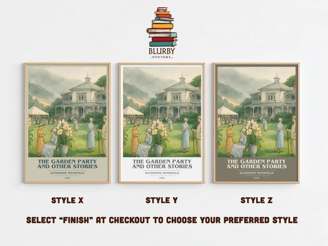 The Garden Party And Other Stories book cover print in frame leaning in hallway – classic literature wall art (mockup)