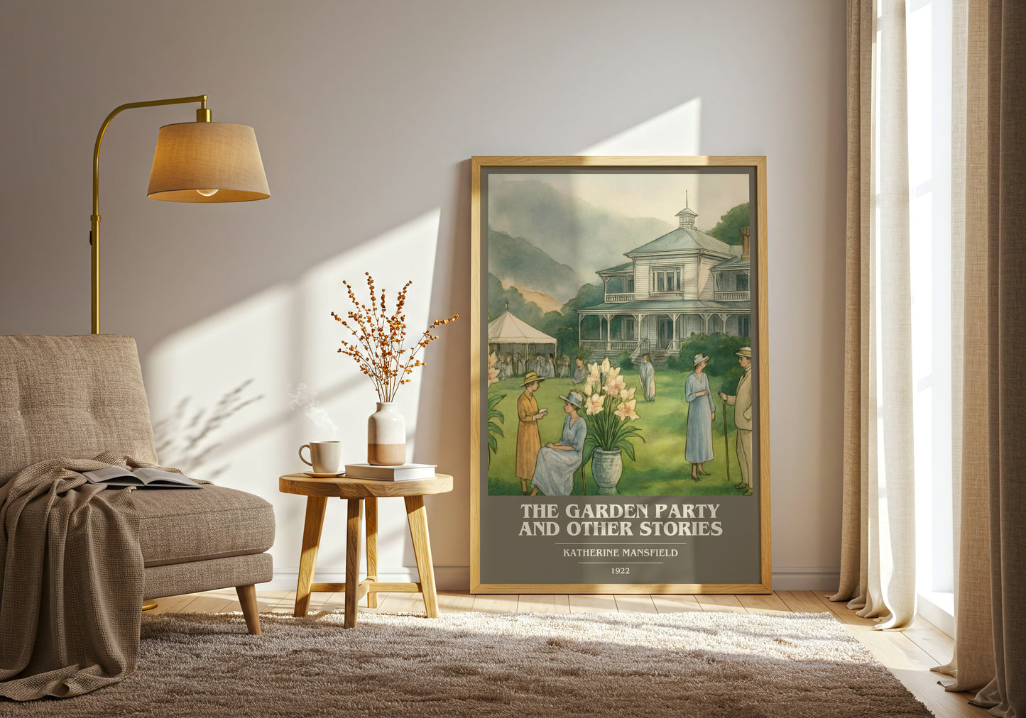 The Garden Party And Other Stories book cover print on bookshelf – Katherine Mansfield fan gift
