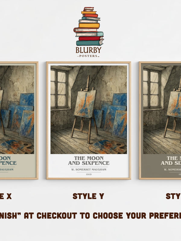 The Moon And Sixpence book cover print in frame leaning in hallway – literary fiction wall art