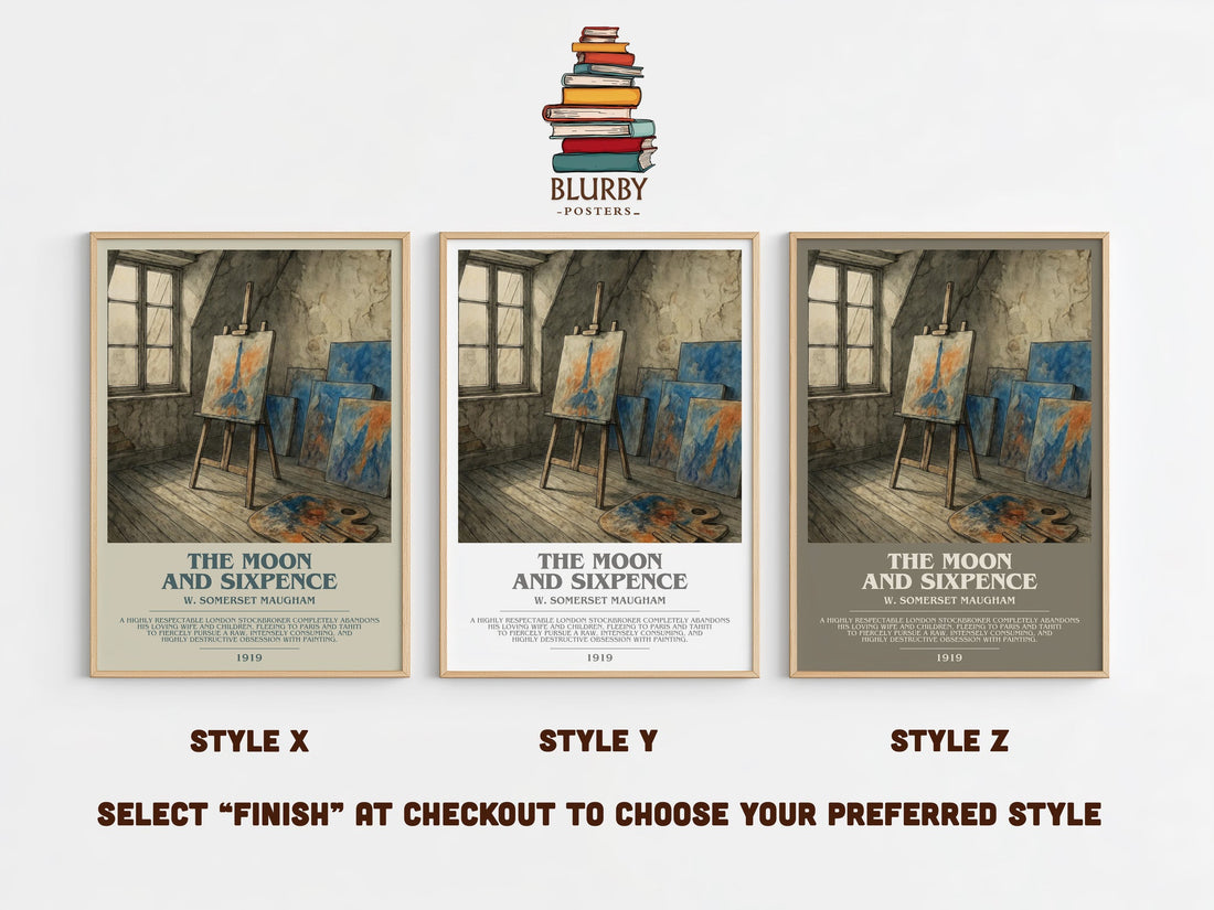 The Moon And Sixpence bookish print in frame leaning in hallway – literary fiction wall art (mockup)