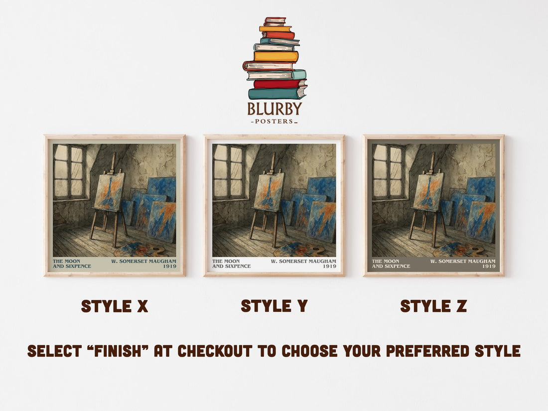 The Moon And Sixpence literary print in frame leaning in hallway – literary fiction wall art (mockup)