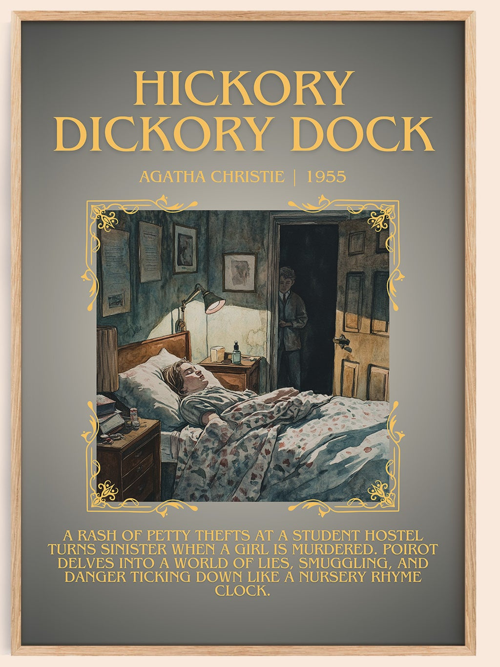 Hickory Dickory Dock minimalist book poster by Agatha Christie – framed literary art print