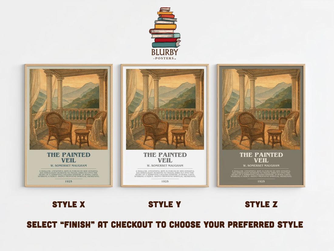 The Painted Veil bookish print in frame leaning in hallway – literary fiction wall art (mockup)