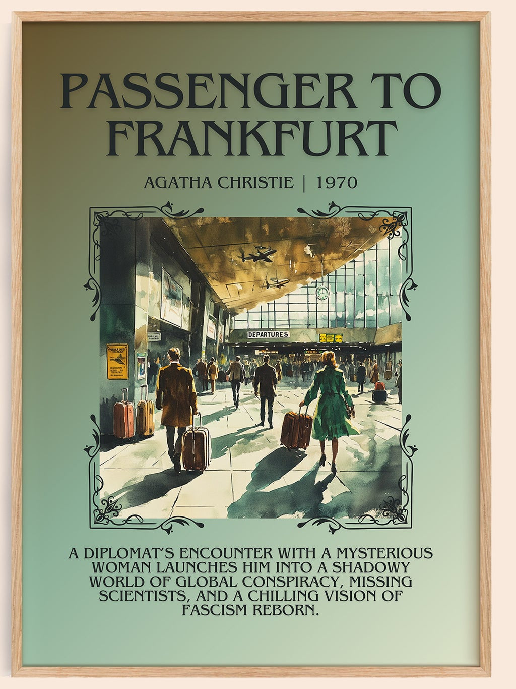 Passenger to Frankfurt minimalist book poster by Agatha Christie – framed literary art print