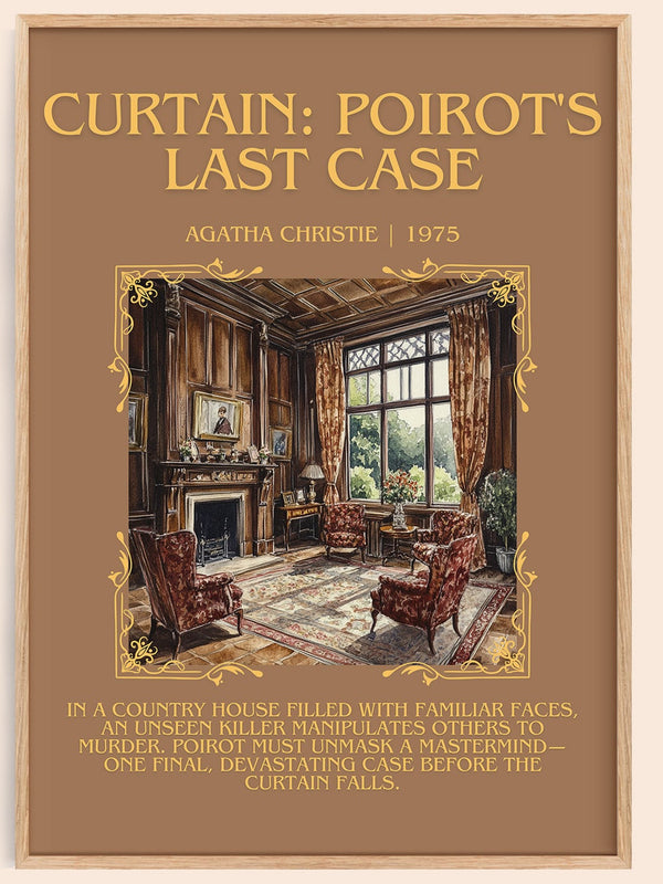 Curtain: Poirot's Last Case minimalist book poster by Agatha Christie – framed literary art print