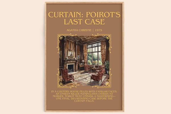 Curtain: Poirot's Last Case minimalist book poster by Agatha Christie – framed literary art print