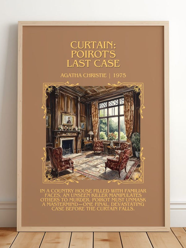 Curtain: Poirot's Last Case Minimalist Book Poster by Agatha Christie – framed print leaning on a wooden floor