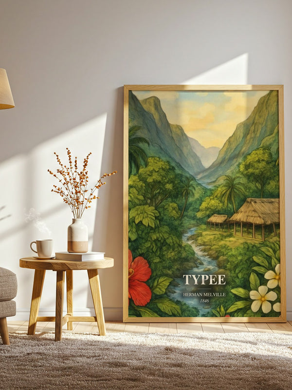 Typee watercolour print in frame leaning in hallway – adventure wall art