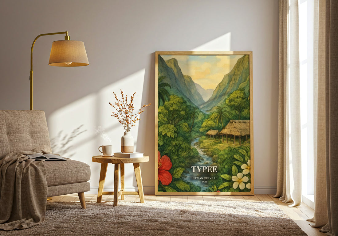 Typee watercolour print in frame leaning in hallway – adventure wall art (mockup)