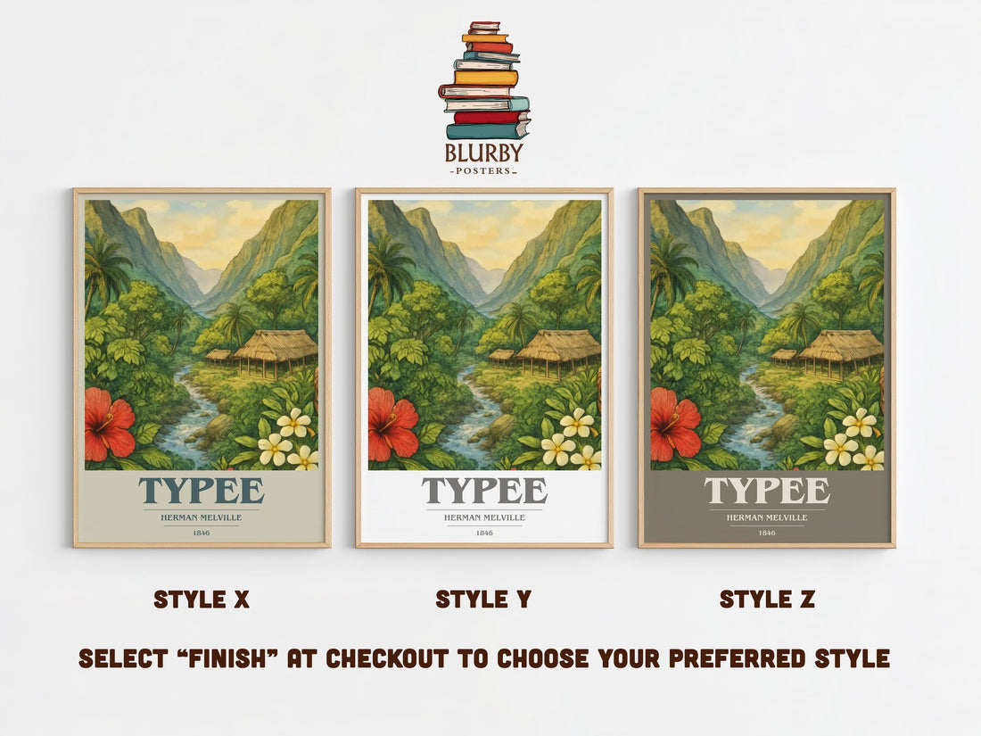 Typee book cover print in frame leaning in hallway – adventure wall art (mockup)