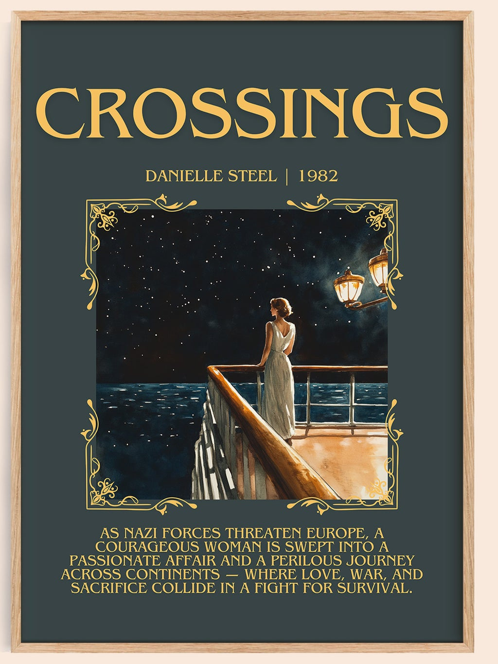 Crossings minimalist book poster by Danielle Steel – framed literary art print