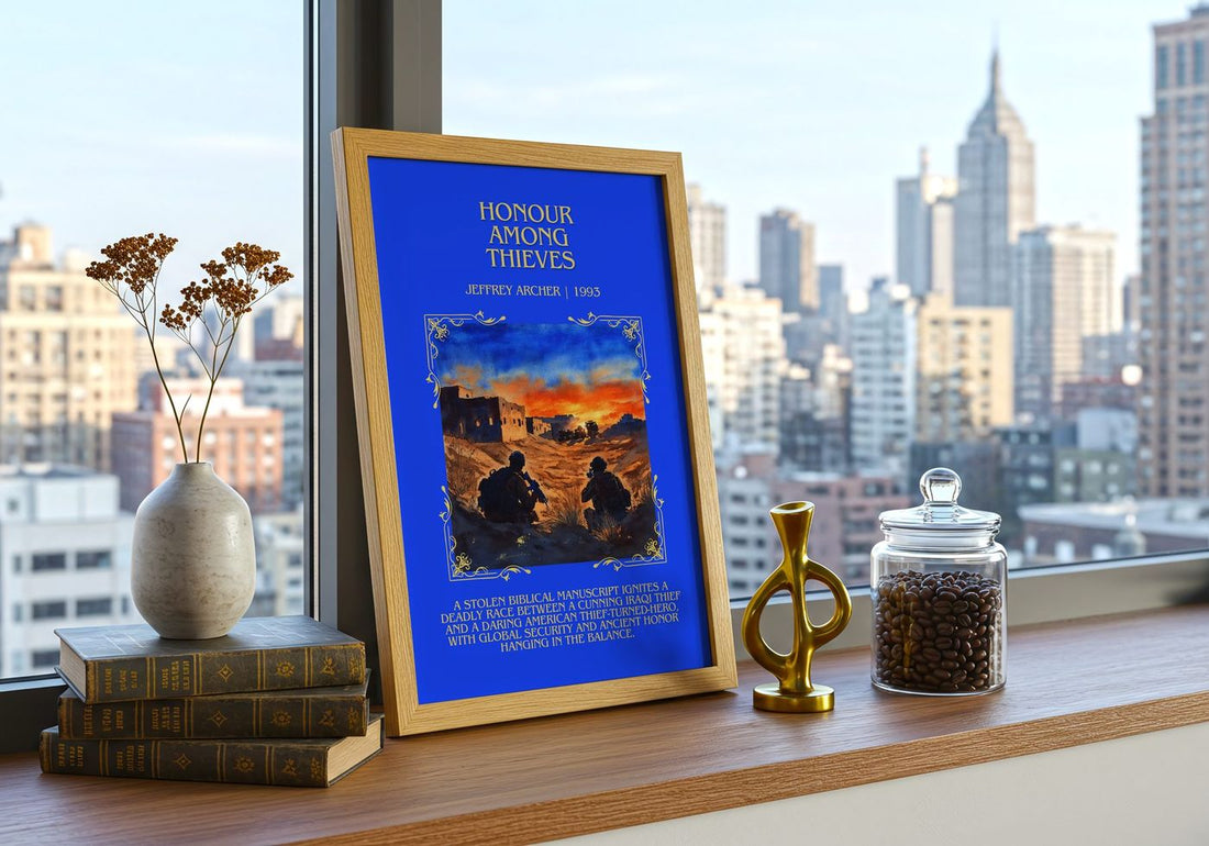 Honour Among Thieves Minimalist Book Poster by Jeffrey Archer – framed print on a city-view windowsill