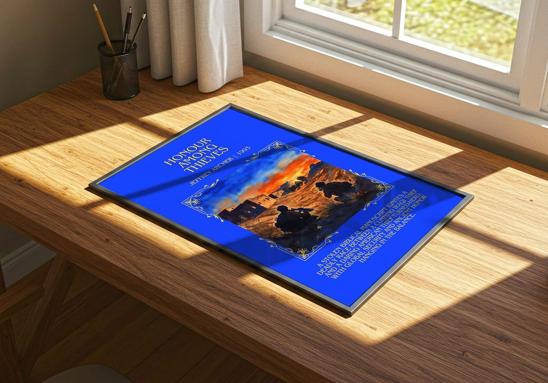 Honour Among Thieves Minimalist Book Poster by Jeffrey Archer – print on a sunlit desk