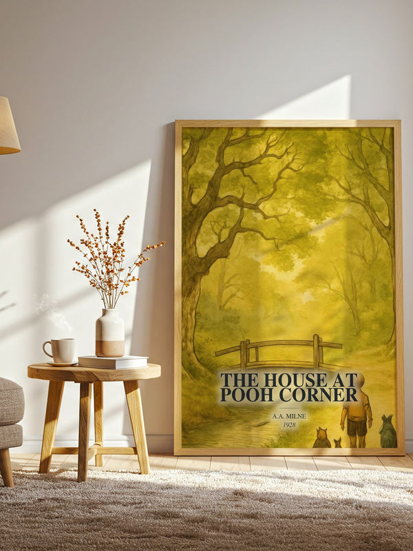The House At Pooh Corner watercolour print in frame leaning in hallway – childrens wall art