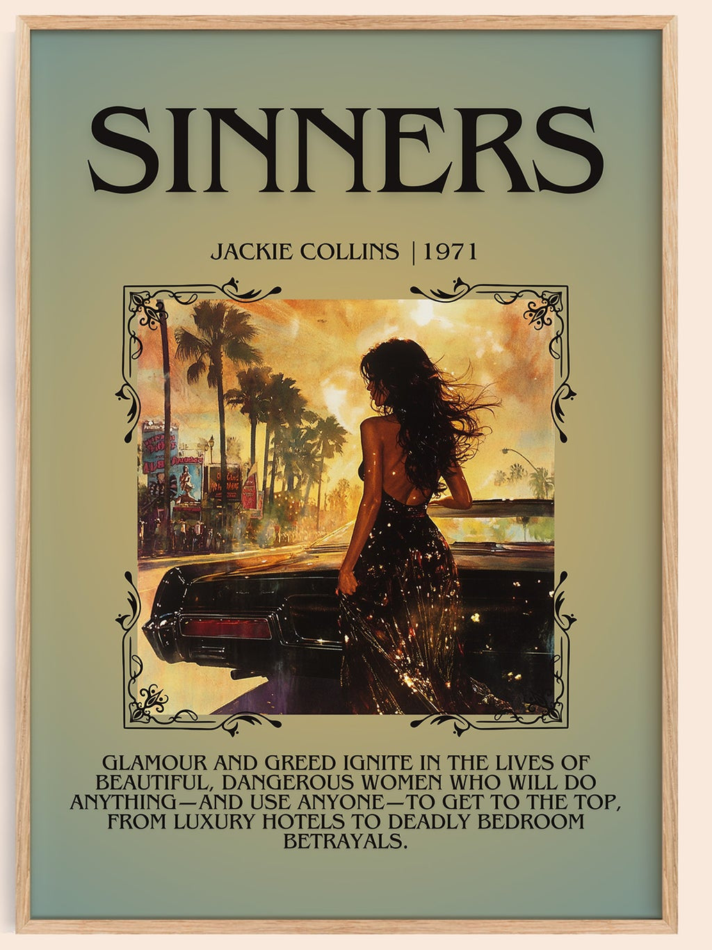 Sinners minimalist book poster by Jackie Collins – framed literary art print