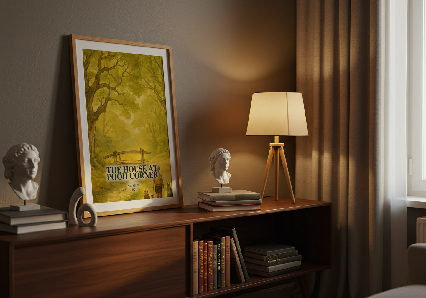 The House At Pooh Corner watercolour print on bookshelf – A.A. Milne fan gift