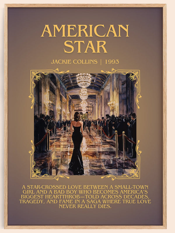 American Star minimalist book poster by Jackie Collins – framed literary art print