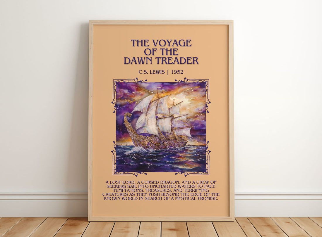 The Voyage of the Dawn Treader Minimalist Book Poster by C. S. Lewis – framed print leaning on a wooden floor