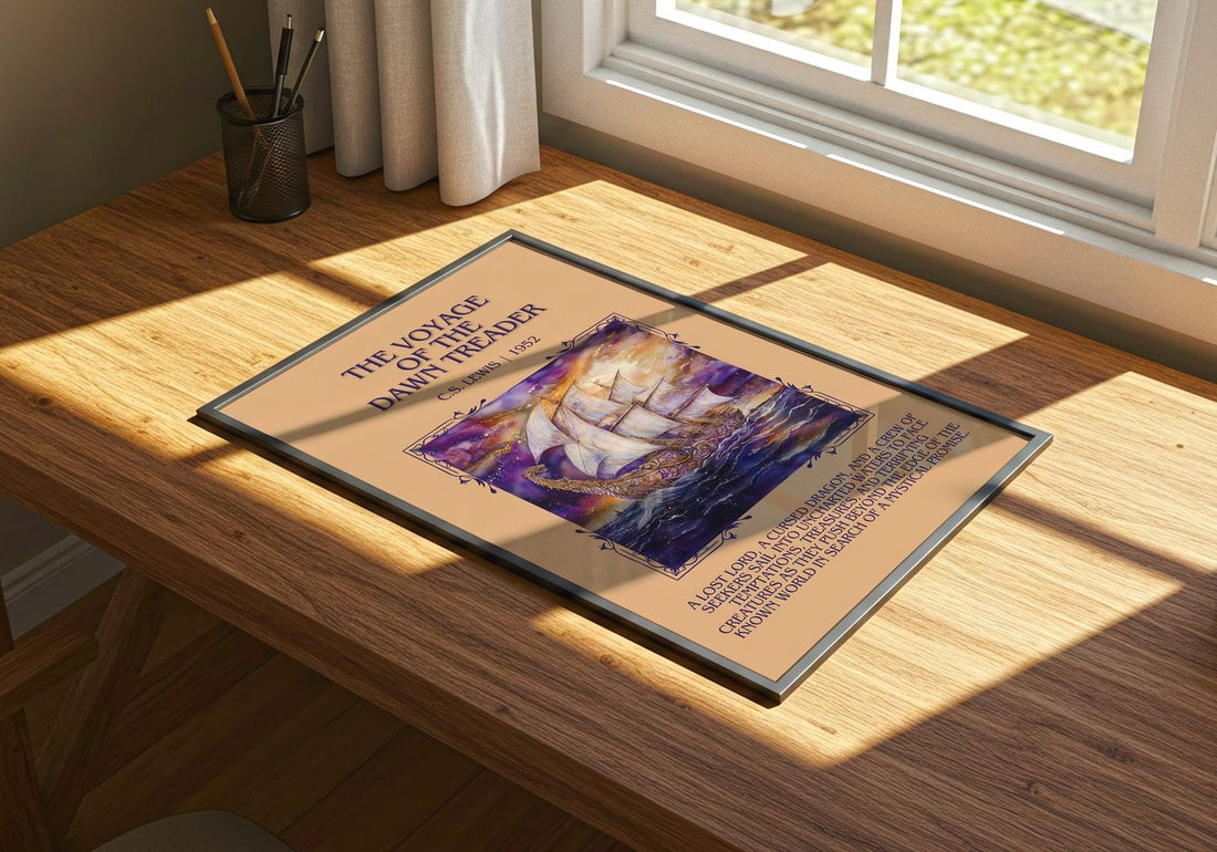 The Voyage of the Dawn Treader Minimalist Book Poster by C. S. Lewis – print on a sunlit desk