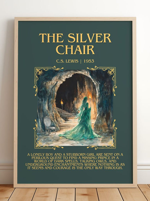 The Silver Chair Minimalist Book Poster by C. S. Lewis – framed print leaning on a wooden floor