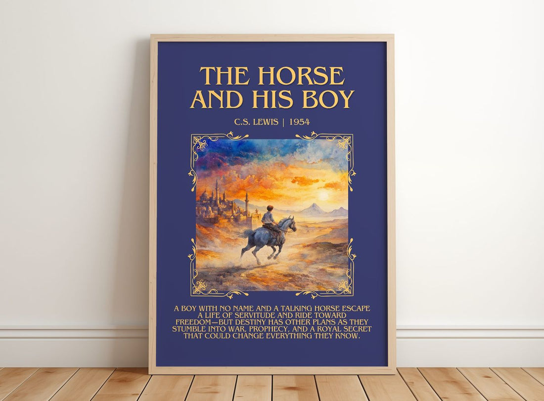The Horse and his Boy Minimalist Book Poster by C. S. Lewis – framed print leaning on a wooden floor