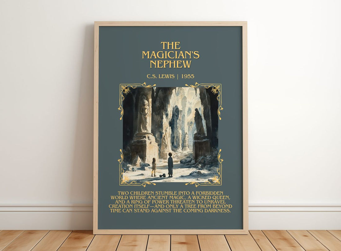 The Magician's Nephew Minimalist Book Poster by C. S. Lewis – framed print leaning on a wooden floor