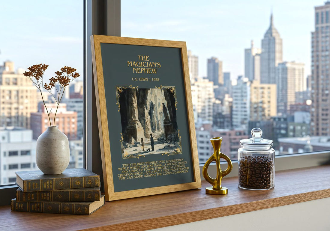 The Magician's Nephew Minimalist Book Poster by C. S. Lewis – framed print on a city-view windowsill