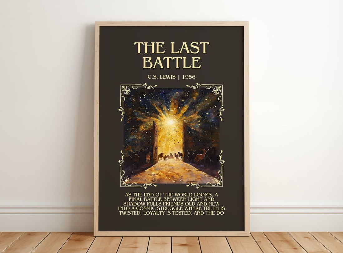The Last Battle Minimalist Book Poster by C. S. Lewis – framed print leaning on a wooden floor