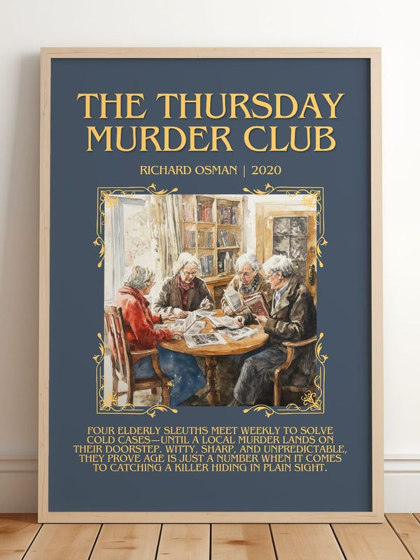 Thursday Murder Club Minimalist Book Poster by Richard Osman – framed print leaning on a wooden floor