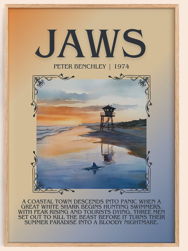 Jaws minimalist book poster by Peter Benchley – framed literary art print