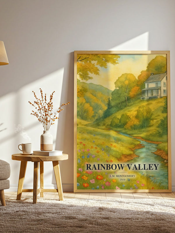 Rainbow Valley watercolour print in frame leaning in hallway – childrens wall art