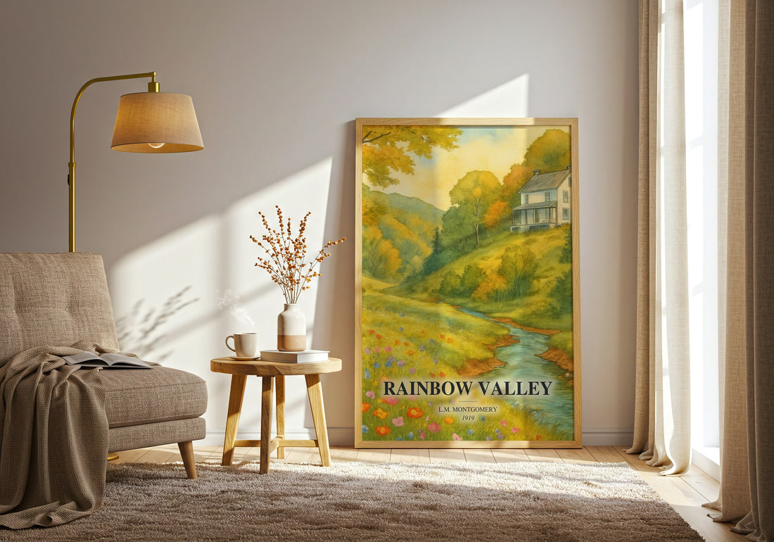 Rainbow Valley watercolour print in frame leaning in hallway – childrens wall art (mockup)