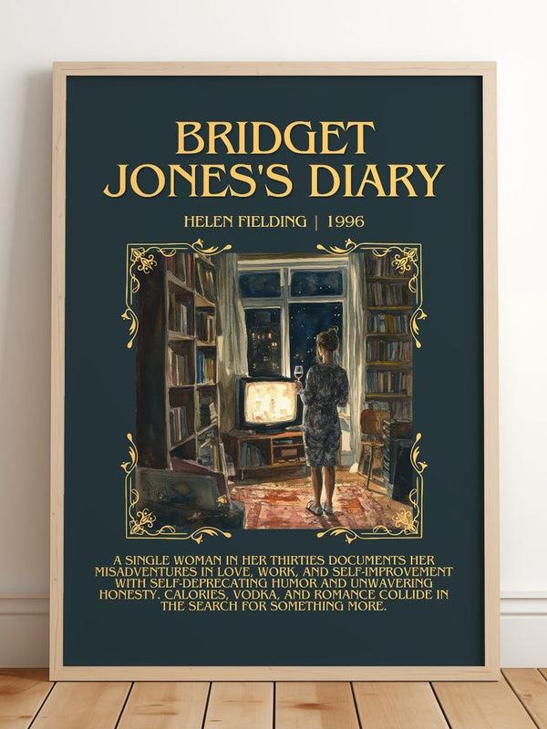 Bridget Jones's Diary Minimalist Book Poster by Helen Fielding – framed print leaning on a wooden floor