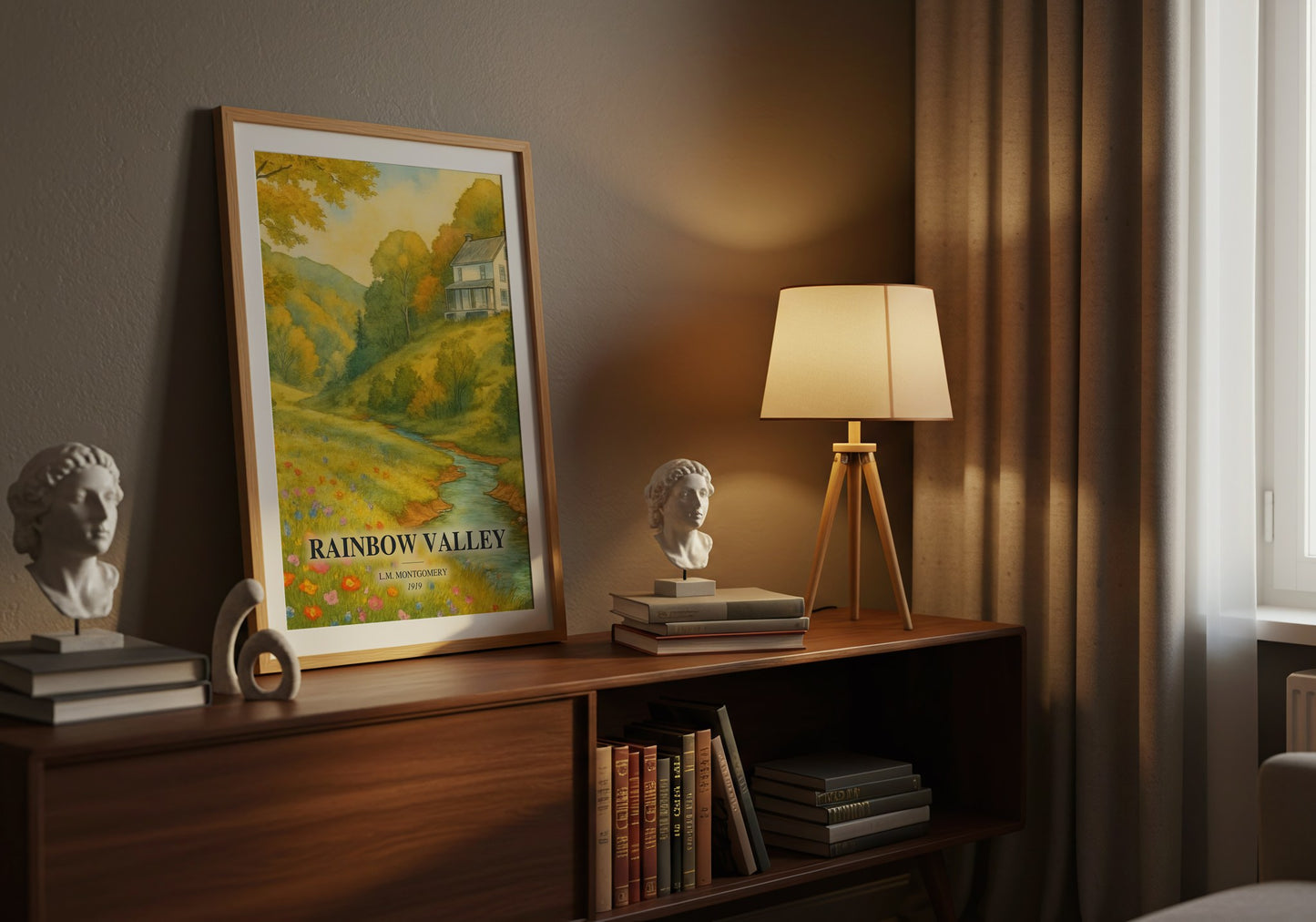 Rainbow Valley watercolour print on bookshelf – L.M. Montgomery fan gift