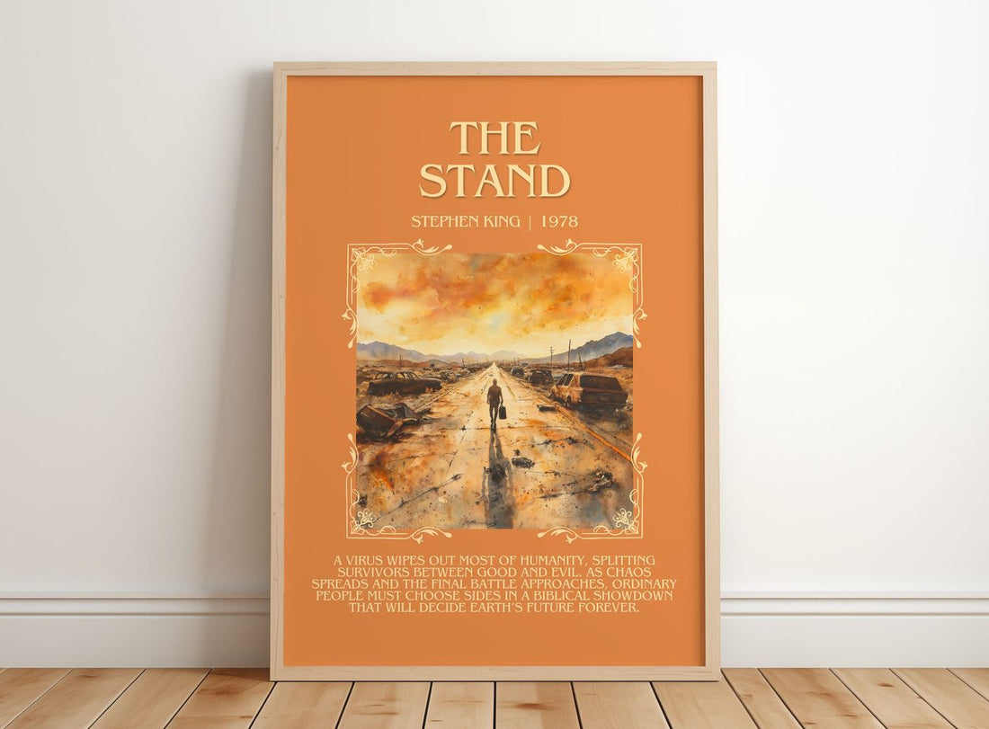 The Stand Minimalist Book Poster by Stephen King – framed print leaning on a wooden floor