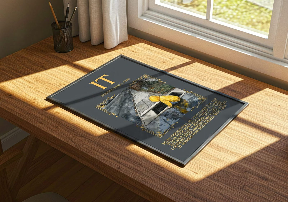 It Minimalist Book Poster by Stephen King – print on a sunlit desk
