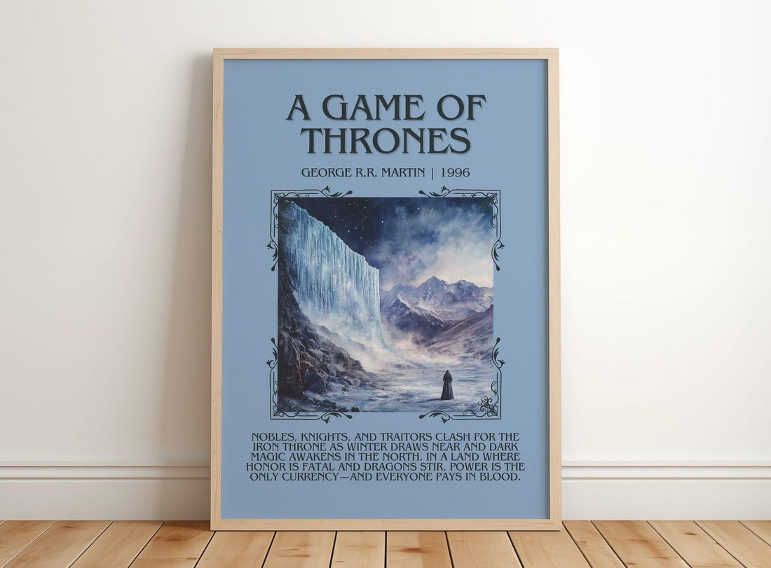 A Game Of Thrones Minimalist Book Poster by George R.R. Martin – framed print leaning on a wooden floor