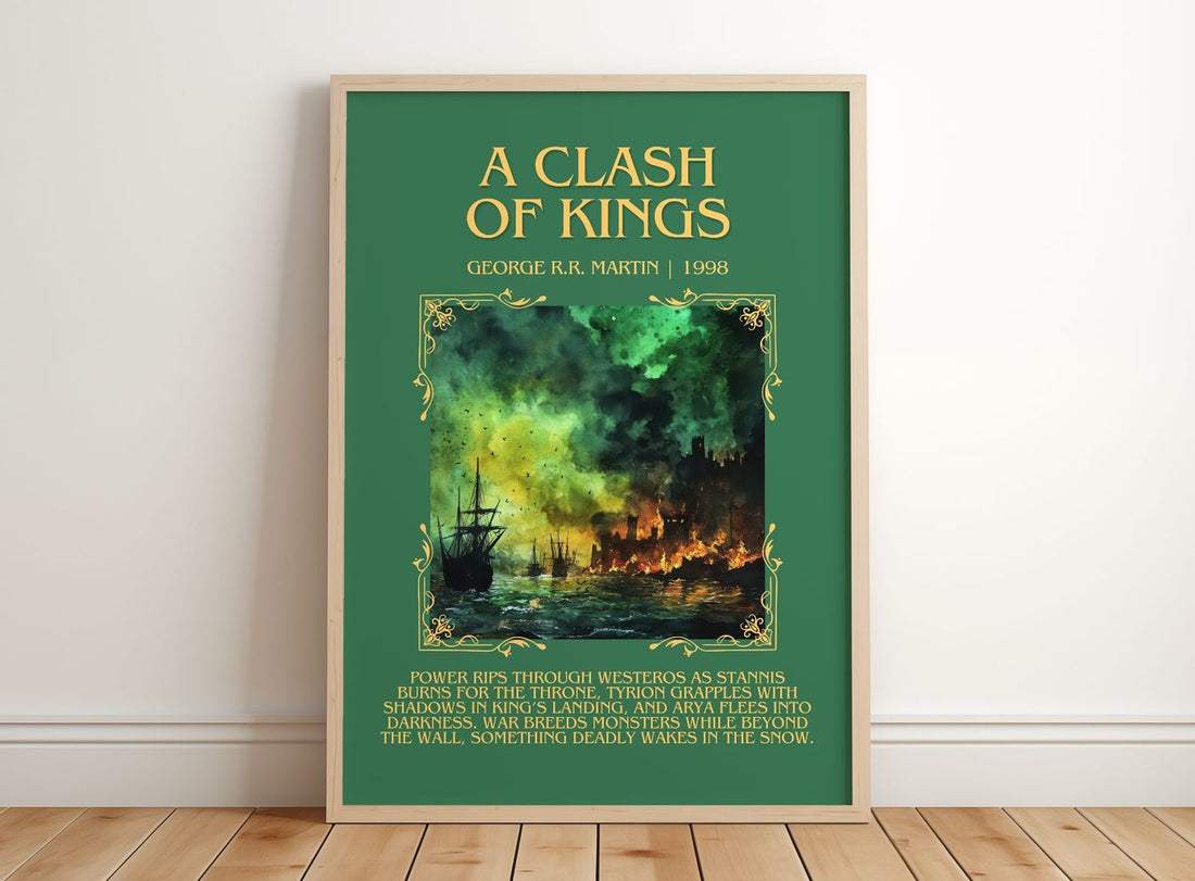 A Clash of Kings Minimalist Book Poster by George R. R. Martin – framed print leaning on a wooden floor